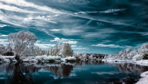 Озеро, зима, деревья, облака, отражение, иней, цвета