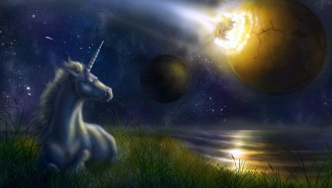 Единорог, ночь, космос, планеты, столкновение