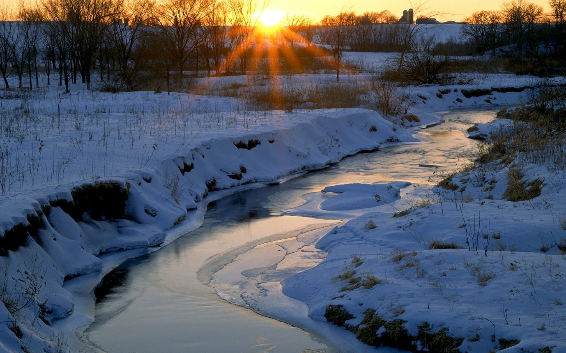 Картинки Солнце, закат, река, снег, зима фото и обои на рабочий стол