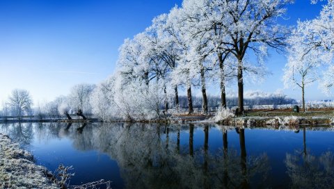 Река, деревья, иней, зима, отражение
