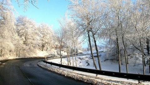 Дорога, снег, зима, поворот, деревья