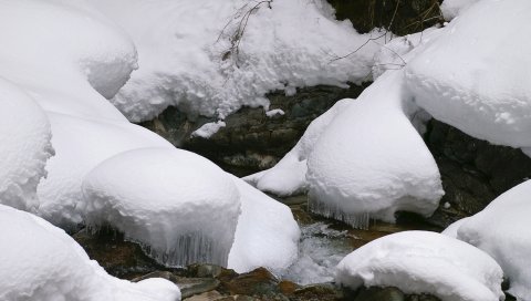 Поток, снег, зима, лед