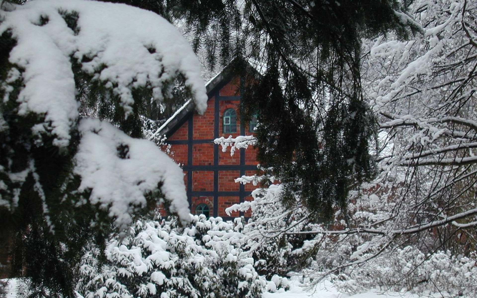 Картинки Дом, кирпич, елка, ветки, снег фото и обои на рабочий стол