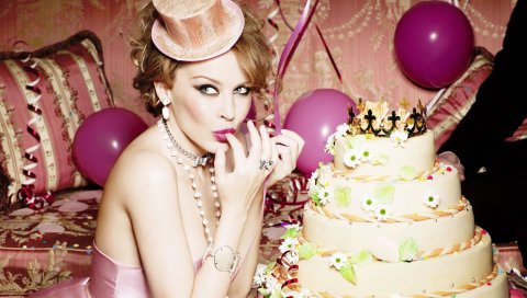 Kylie minogue, празднование, торт, воздушные шары, платье