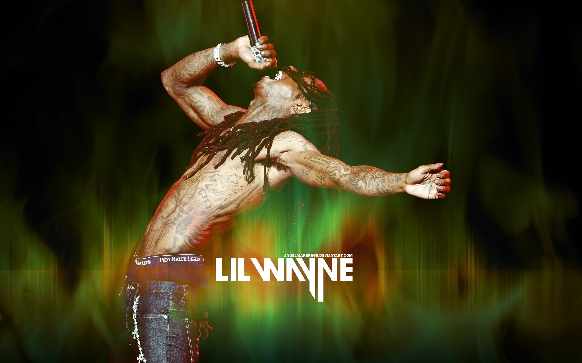 Картинки Lil wayne, тату, микрофон, дреды, брюки фото и обои на рабочий стол