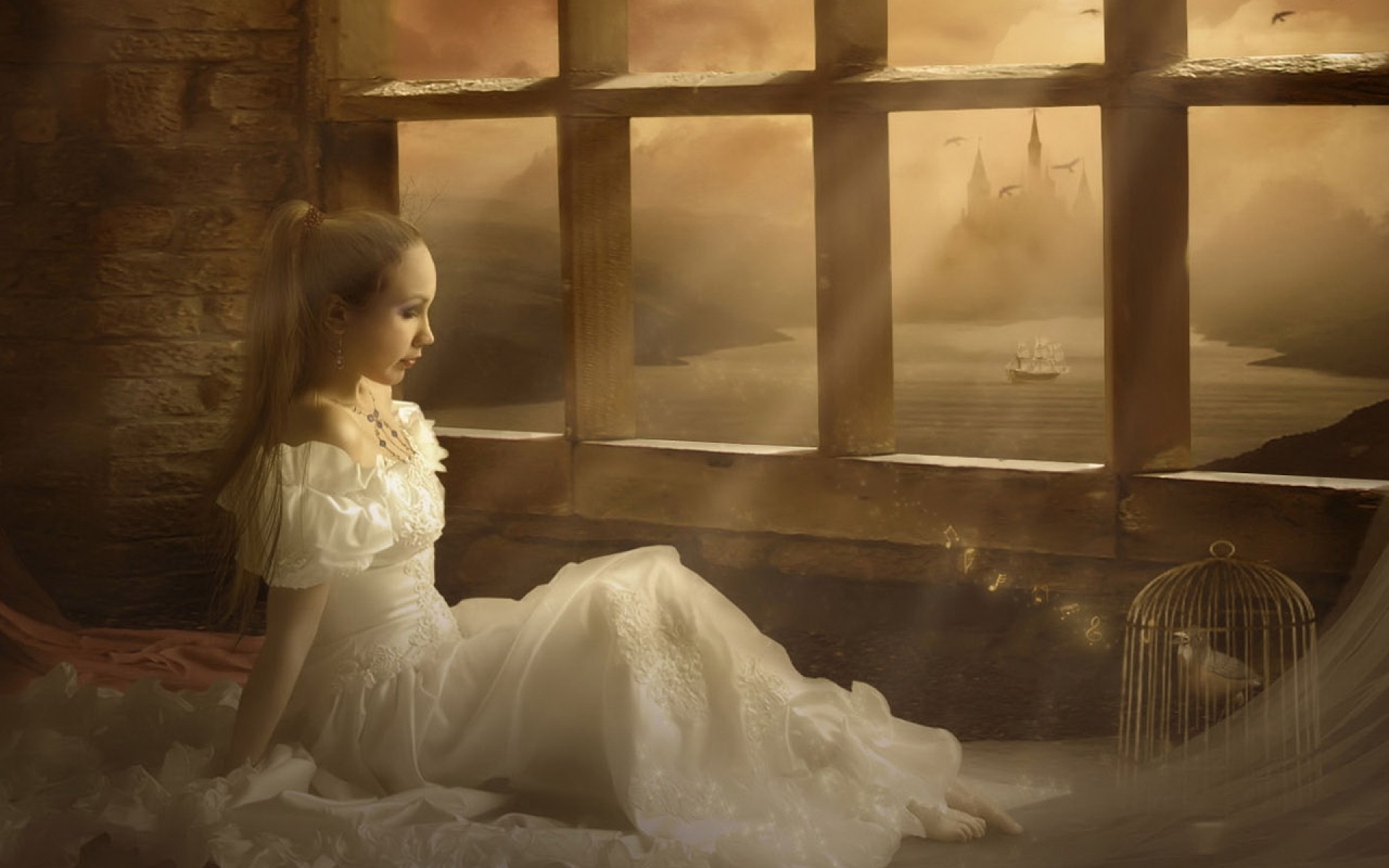 За окном девушка в бежевом платьице слушать. Девушка в замке. Невеста у окна. Девочка Волшебный замок. Девушка фэнтези невеста.