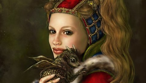Девушка, дракон, животное, улыбка