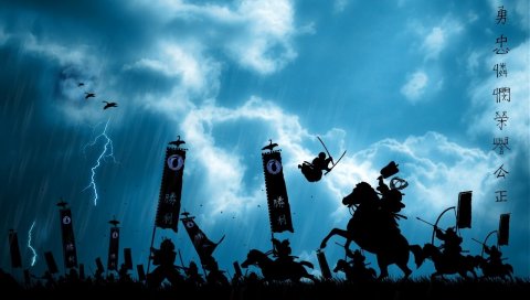 Бой, солдаты, иероглифы, лошади, синий, черный