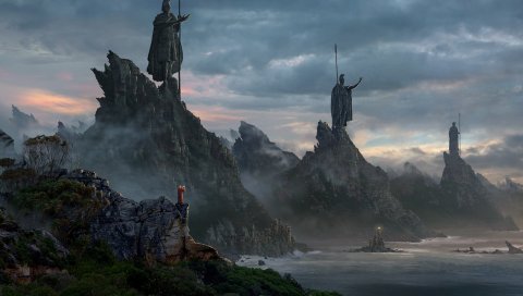 Скалы, статуи, побережье, мрак