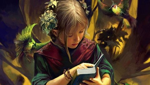 Девушка, книга, лес, птицы