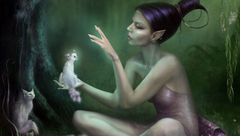 Девушка, фея, лес, кошки