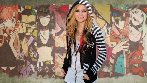 Avril lavigne, граффити, халат, улыбка, цепочка