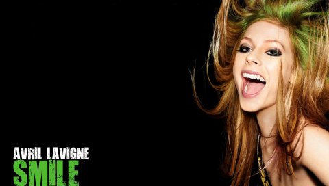Avril lavigne, улыбка, рот, волосы, радость