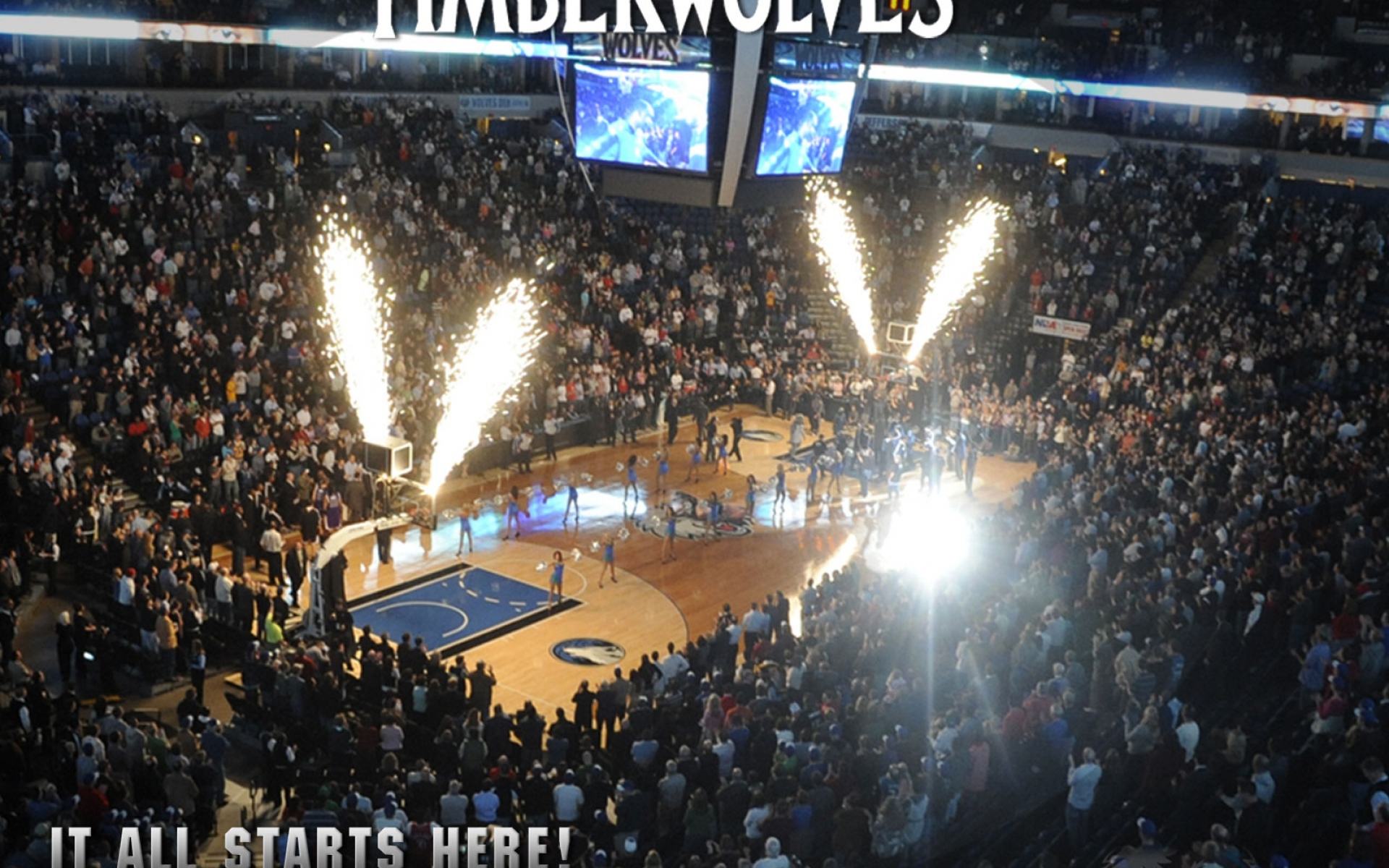 Картинки Minnesota timberwolves, баскетбол, зрители, фейерверки фото и обои на рабочий стол