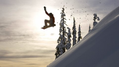 Сноуборд, прыжок, спуск, вечер