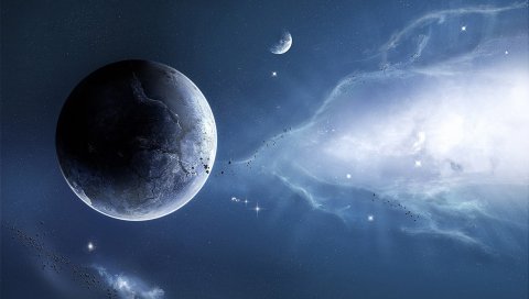 Туман, земля, люминесценция, звезды, мигание