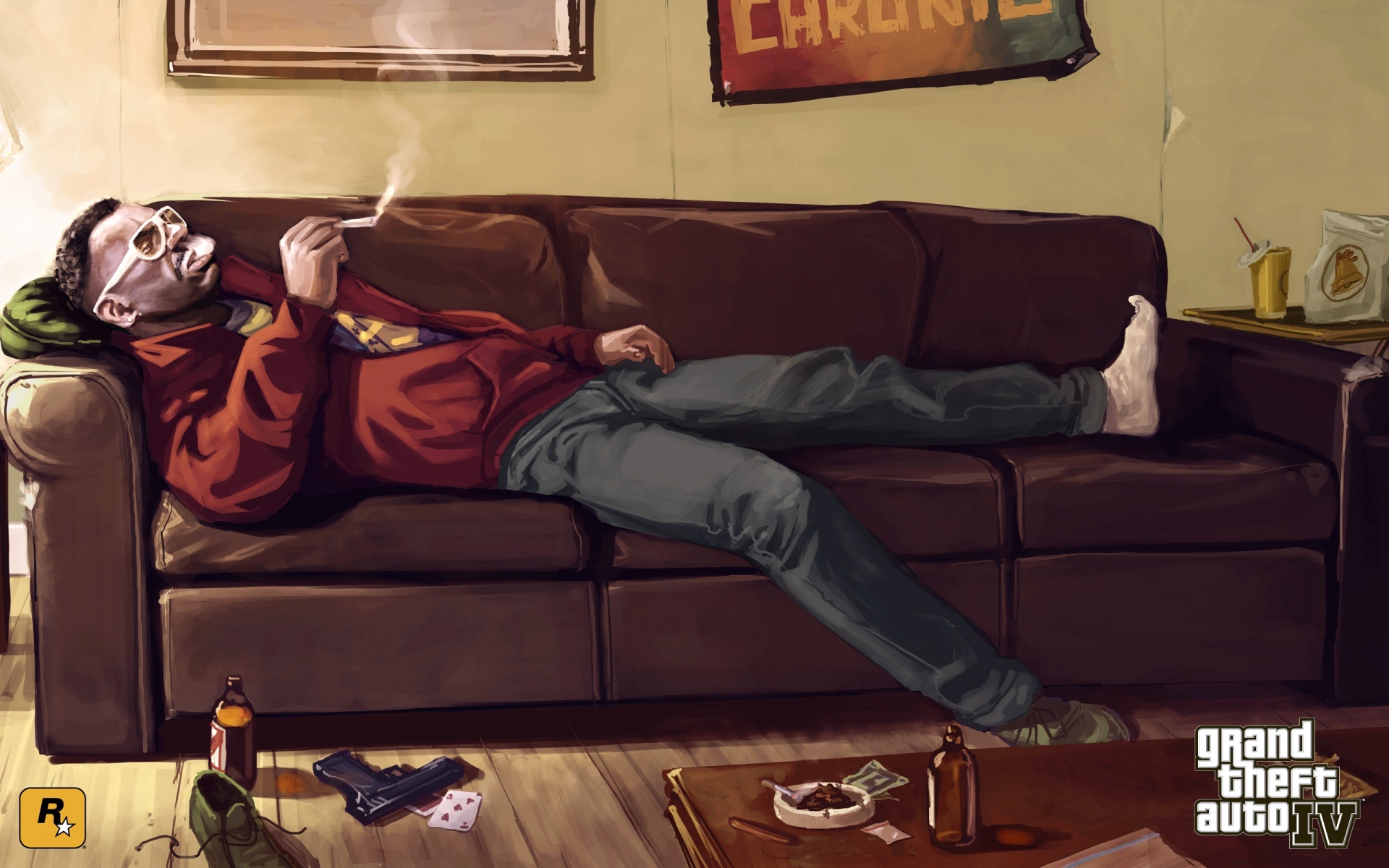 Картинки Мужчина, курение, gta 4, диван фото и обои на рабочий стол