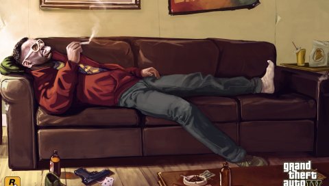 Мужчина, курение, gta 4, диван