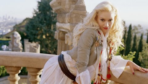 Gwen stefani, платье, взгляд, лицо, волосы