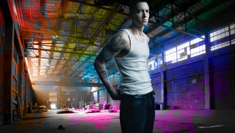 Eminem, ангар, футболка, татуировка, взгляд
