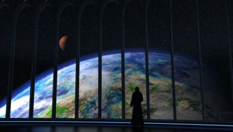Корабль, вид, земля, планета, силуэт