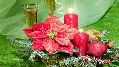 Рождество, новый год, украшения, шампанское, свечи, красный, елка, яблоко