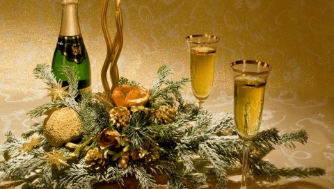 Рождество, новый год, елка, украшения, шампанское, свечи