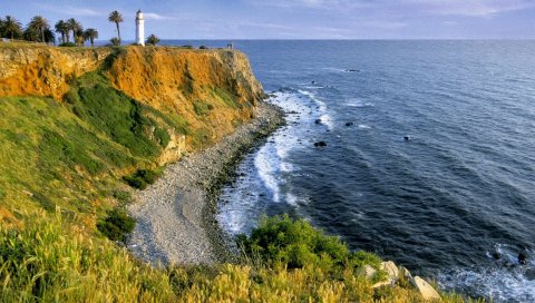 Берег, море, маяк, волны, день