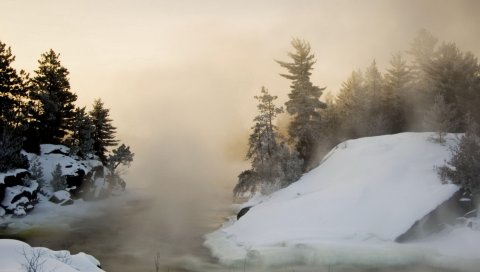 Зима, туман, снег, деревья, вода