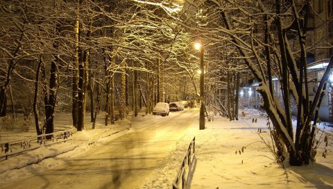 Ночь, фонари, город, парк, автомобиль