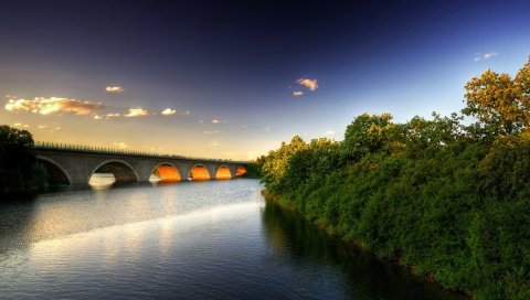 Мост, река, деревья, небо