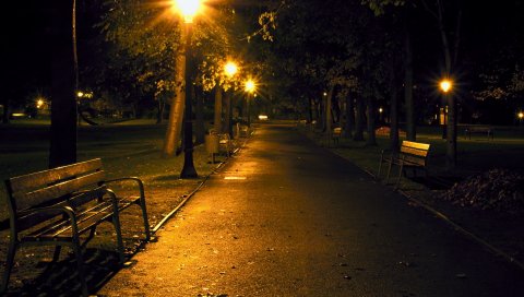 Город, ночь, парк, скамейки