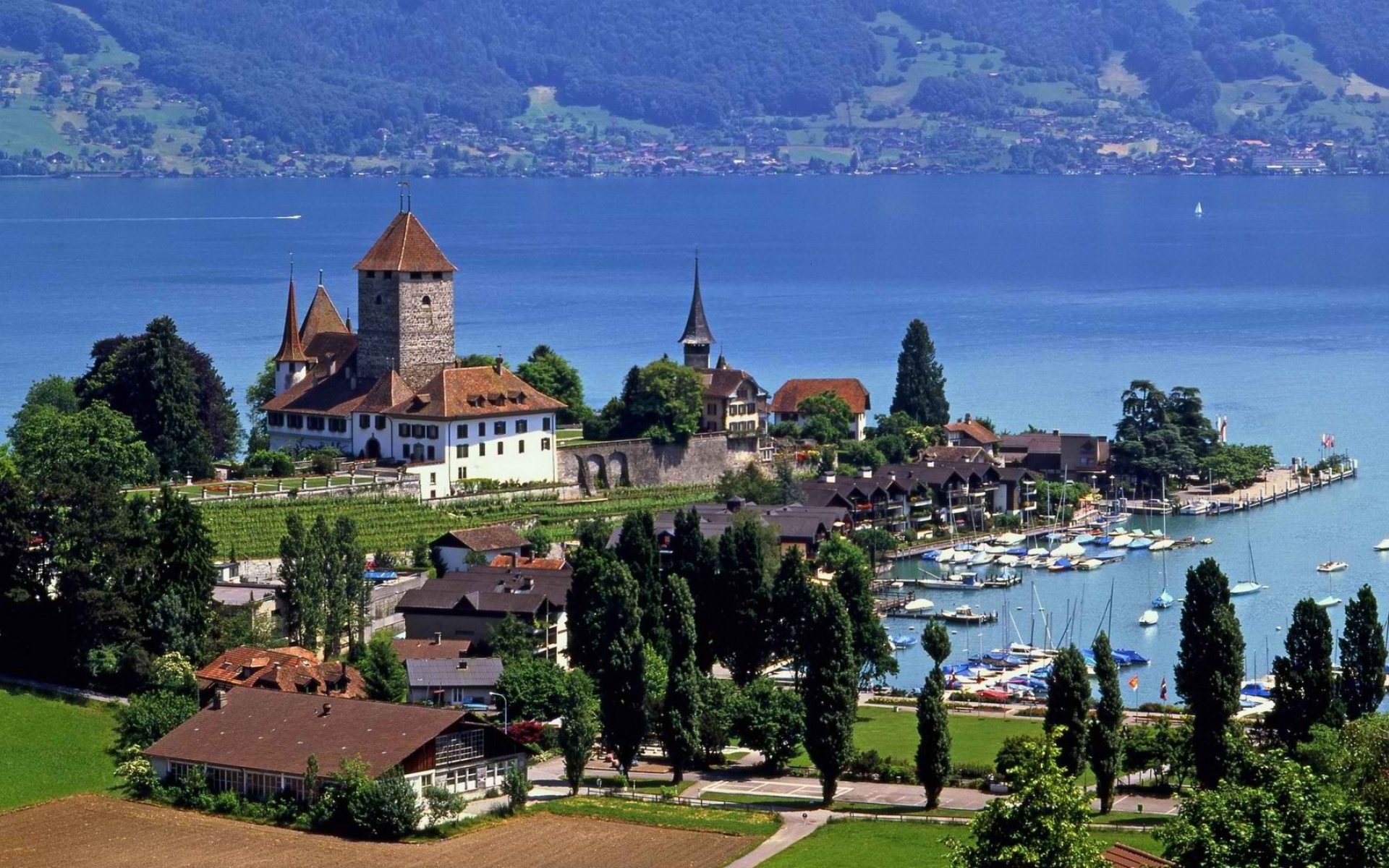 Картинки Швейцария, город, высота, река, здание фото и обои на рабочий стол