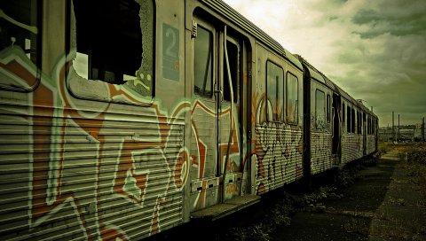 Автомобиль, старый, серый, граффити