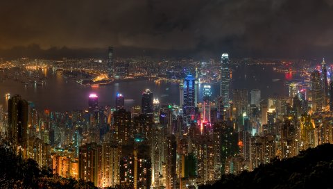 Hong kong, город, ночь, пейзаж