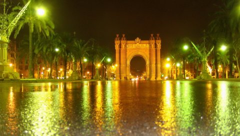 Барселона, свет, арка, ворота, ночь