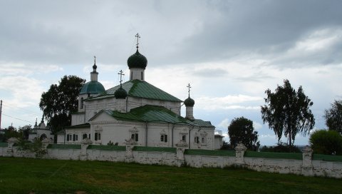 Кострома, россия, собор, белый, небо, трава