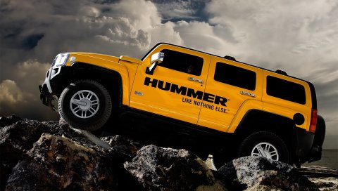 Hummer, h3, авто, желтый, левая сторона