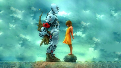 Девушка, робот, цветы, подарок