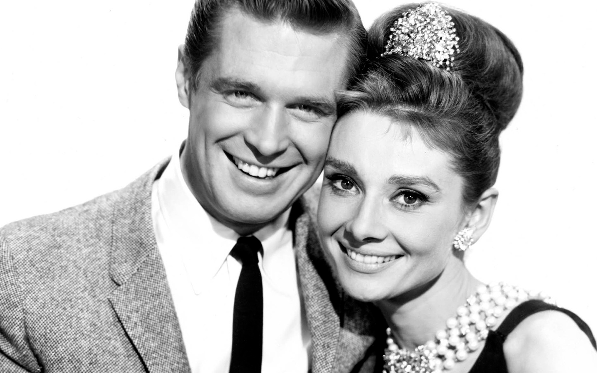 Картинки Завтрак в тиффани, черный белый, audrey hepburn, george peppard, падуб golightly фото и обои на рабочий стол