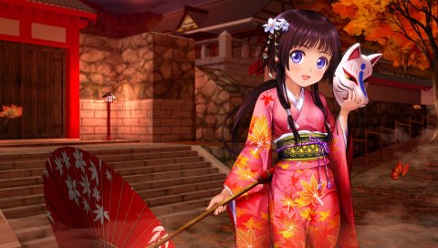 Девушка, аниме, зонтик, кимоно